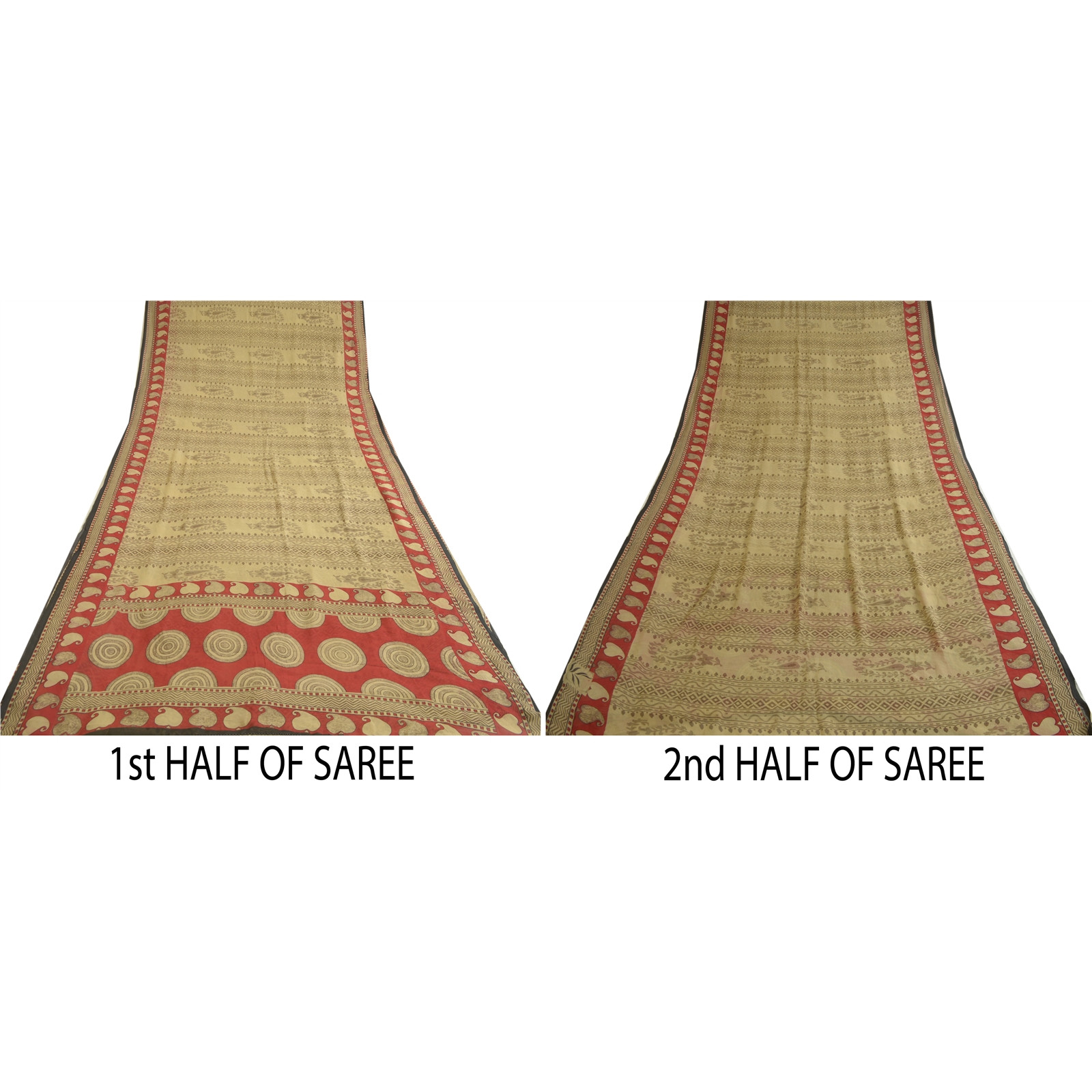 Sanskriti Vintage Sarees Cream/Red Pure Chiffon Silk Printed Sari Craft Fabric