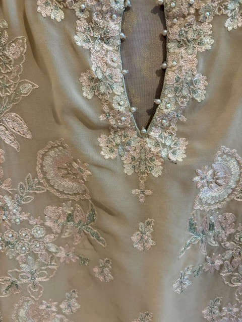PAKISTANI 3 PC PANT SUIT BEIGE WITH EMBRIDERY AND PEARLS