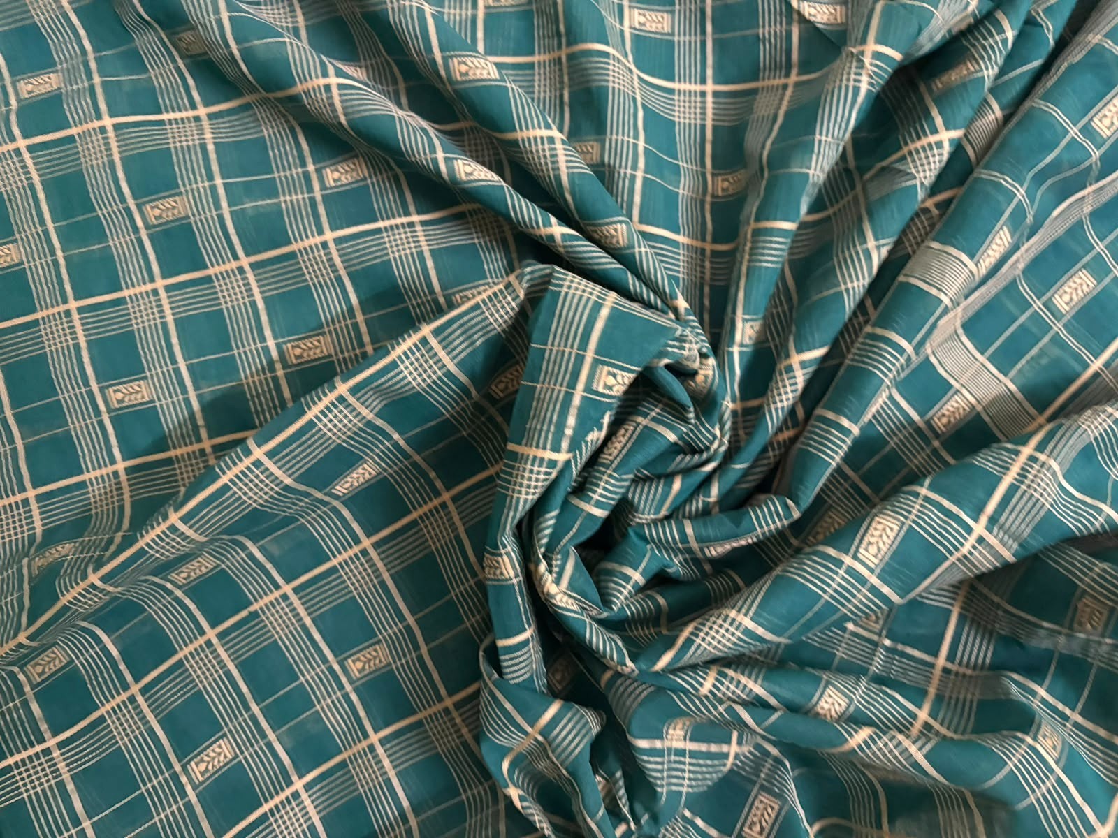 Cotton Saree Indian Green Dress Vintage Craft Fabric Checked Embroidered Sari 5Y