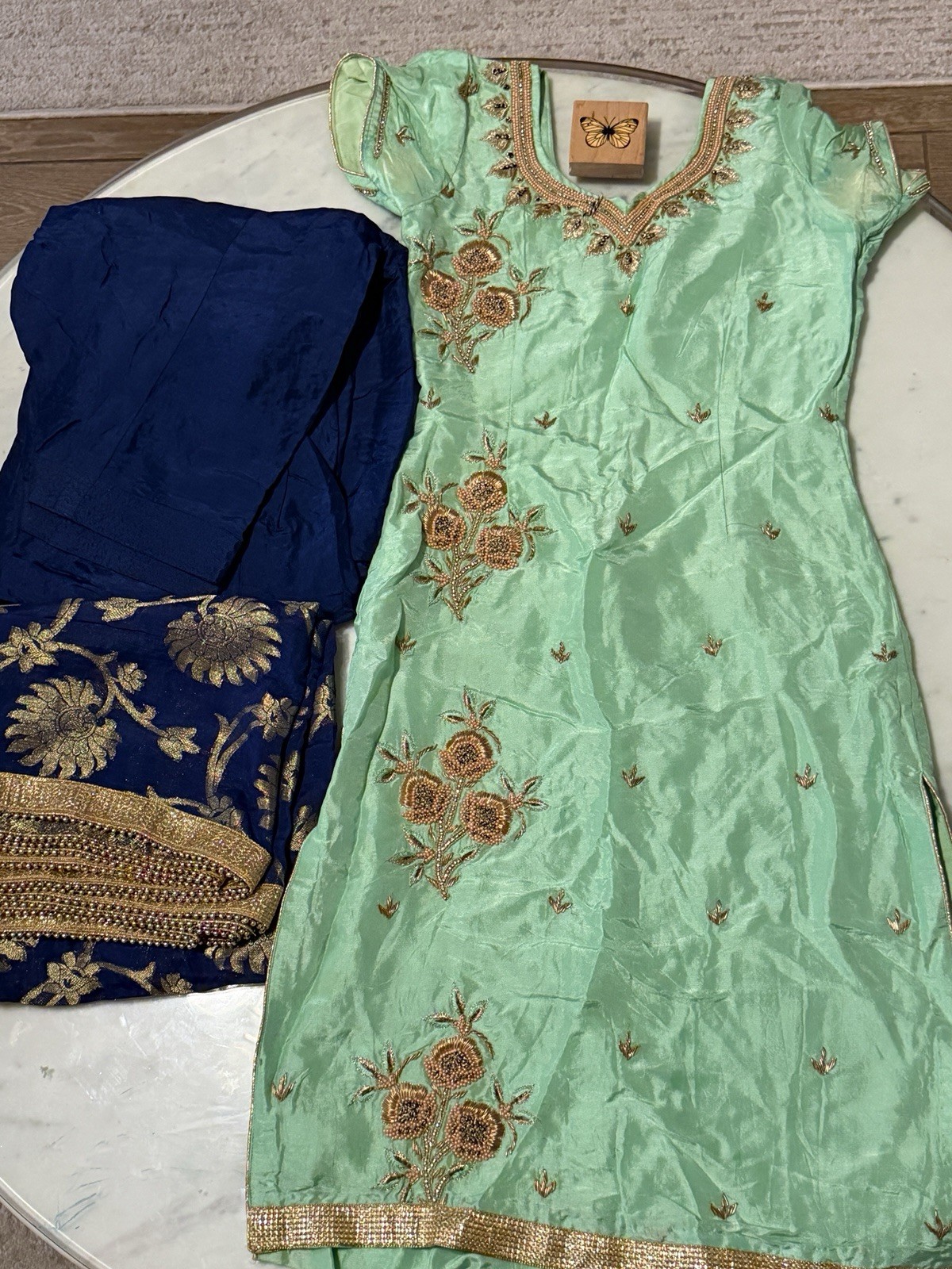 Women’s Green Embroidered Satin Salwar Kameez Suit Unstitched Synthetic