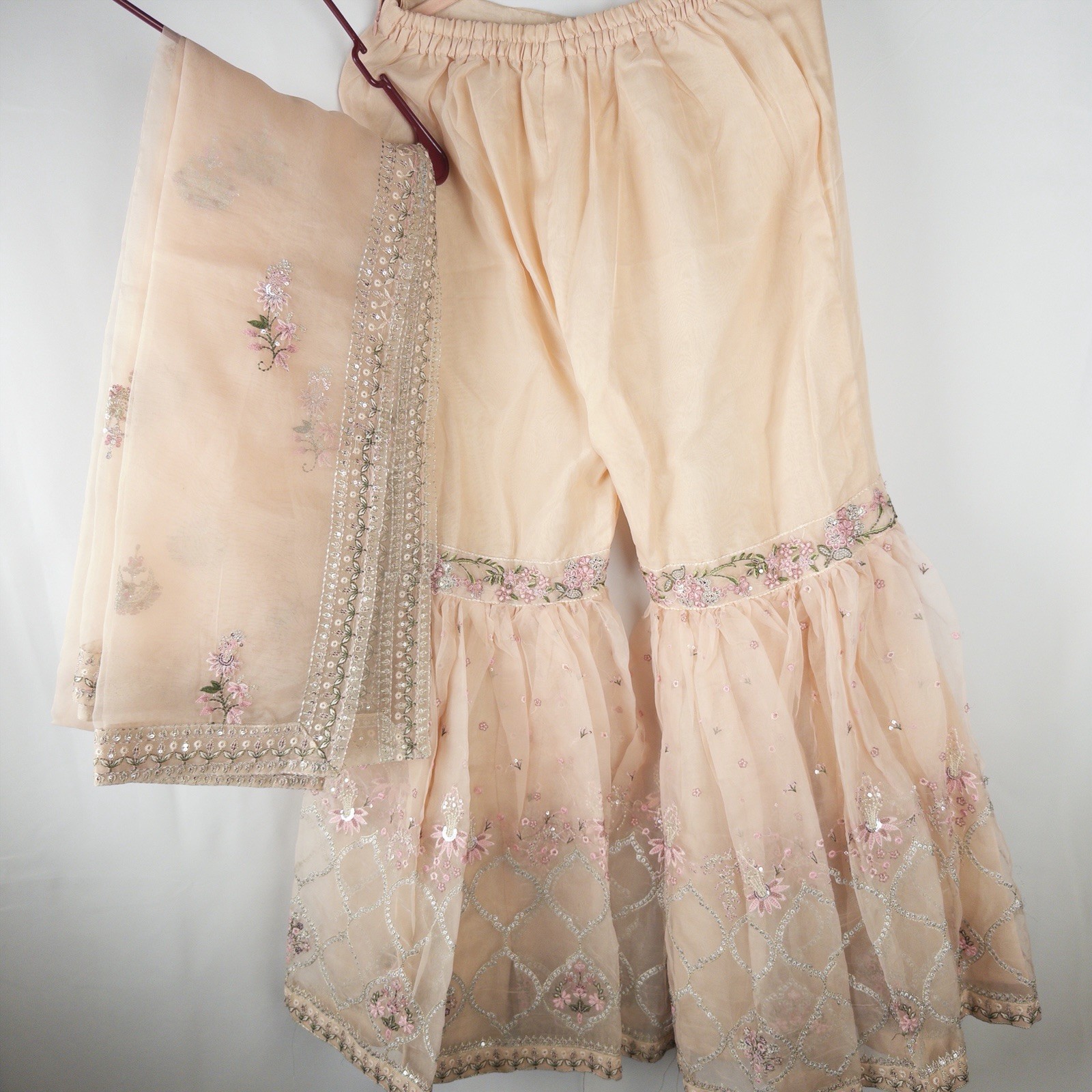 Handmade Beige fancy Chiffon Embroidered Pakistani Indian 3pc Garara shirtSuit M