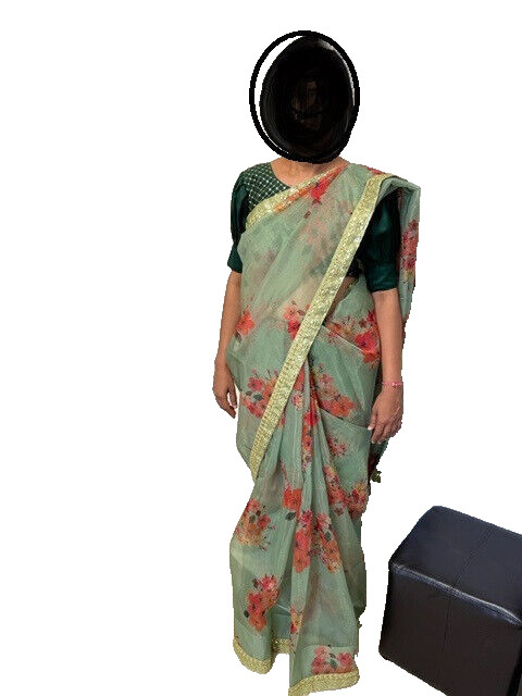 women Designer Bollywood Sari Organza Saree scarf stitched blouse floral print