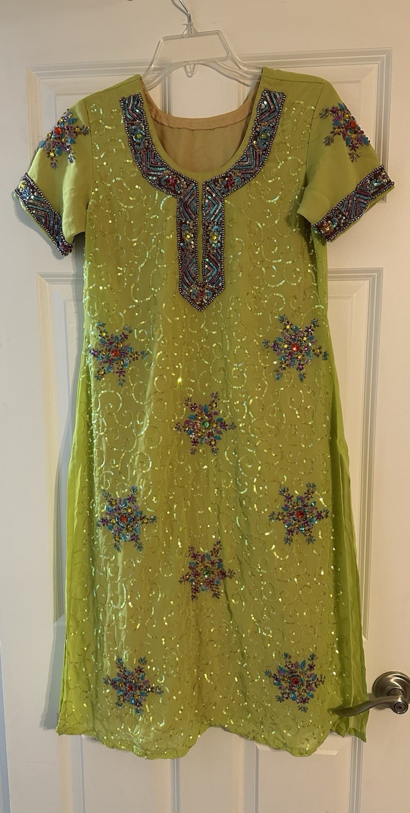 Handmade punjabi Indian Pakistani 3pc Salwar Kameez Lime Green See Pics For Size