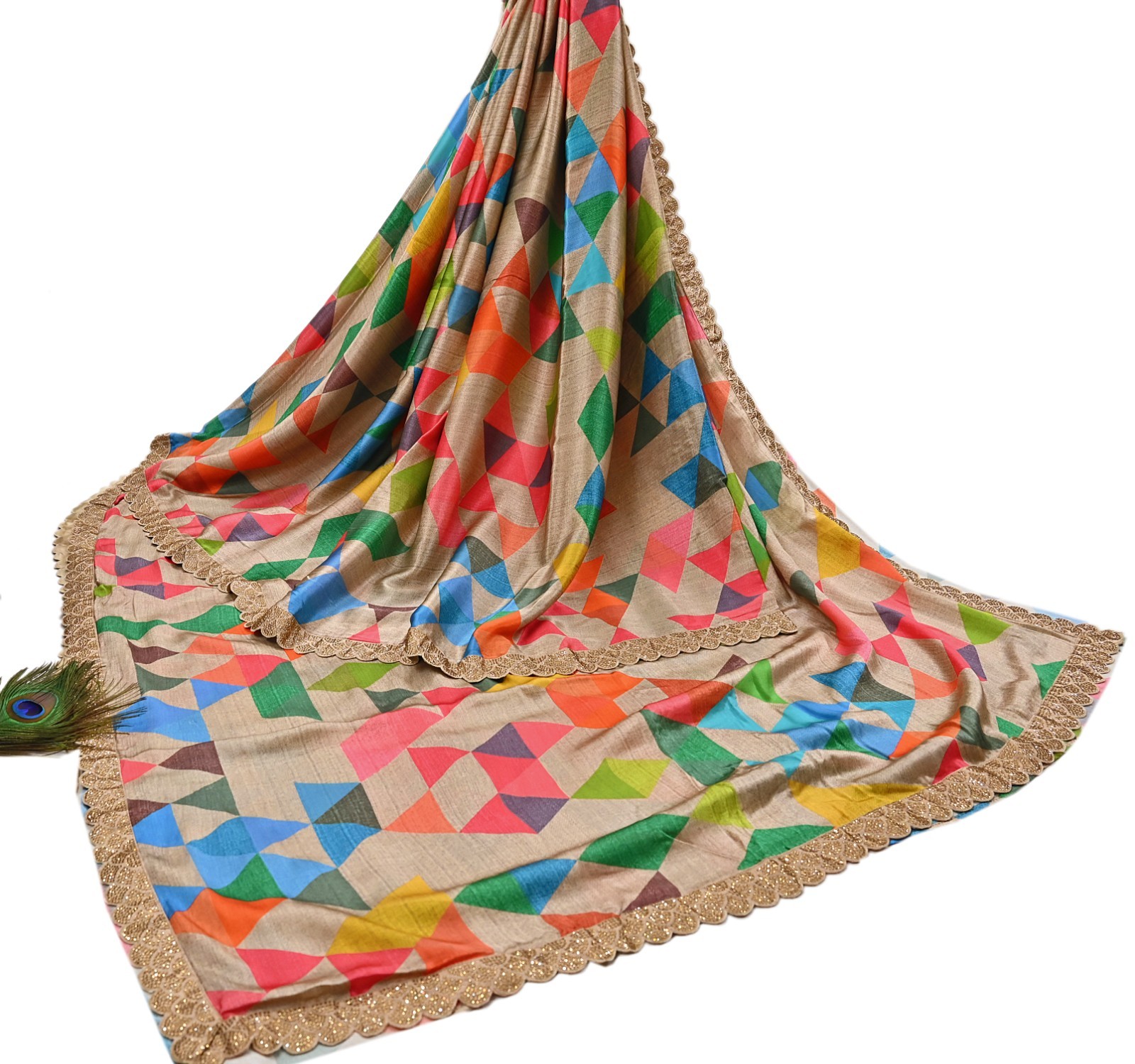 Rare Vintage Multi Pure Satin Silk Saree Hand Embroidered Fabric 5.5 Yards Sari