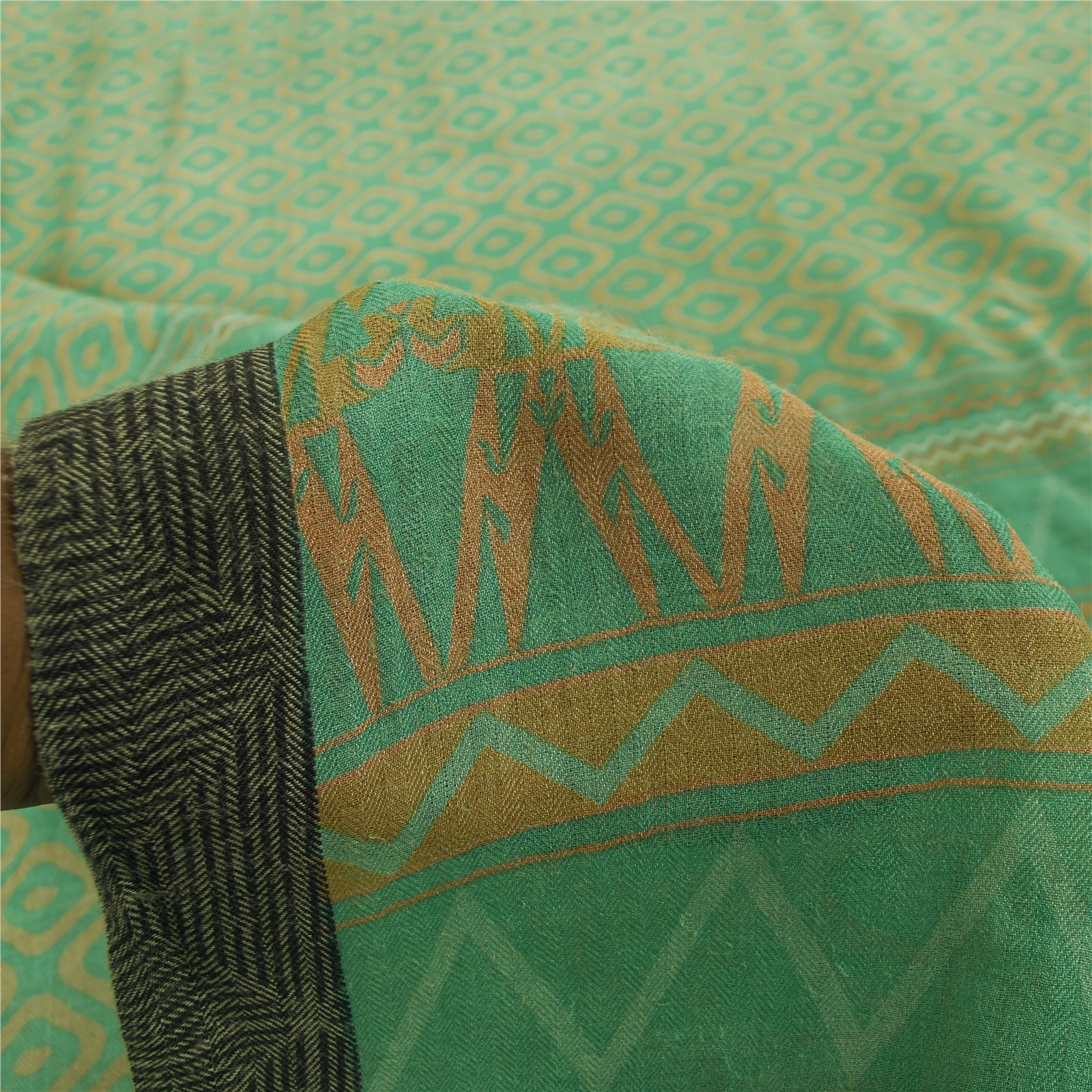 Sanskriti Vintage Blue Sarees 100%Pure Woolen Print 5+Yd Sustainable Fabric Sari