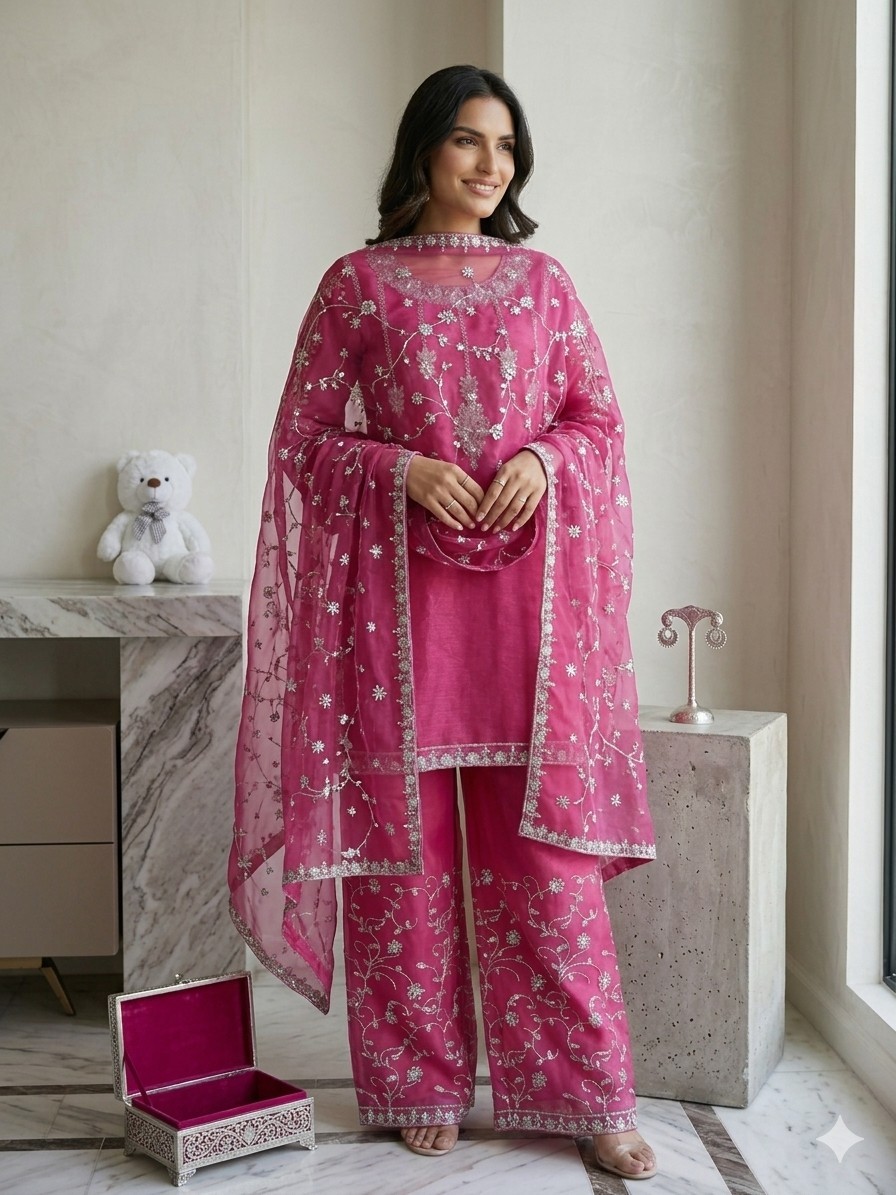 Eliza Designs Women Pakistani Salwar Kameez Pink Silk Chiffon Organza MP2101