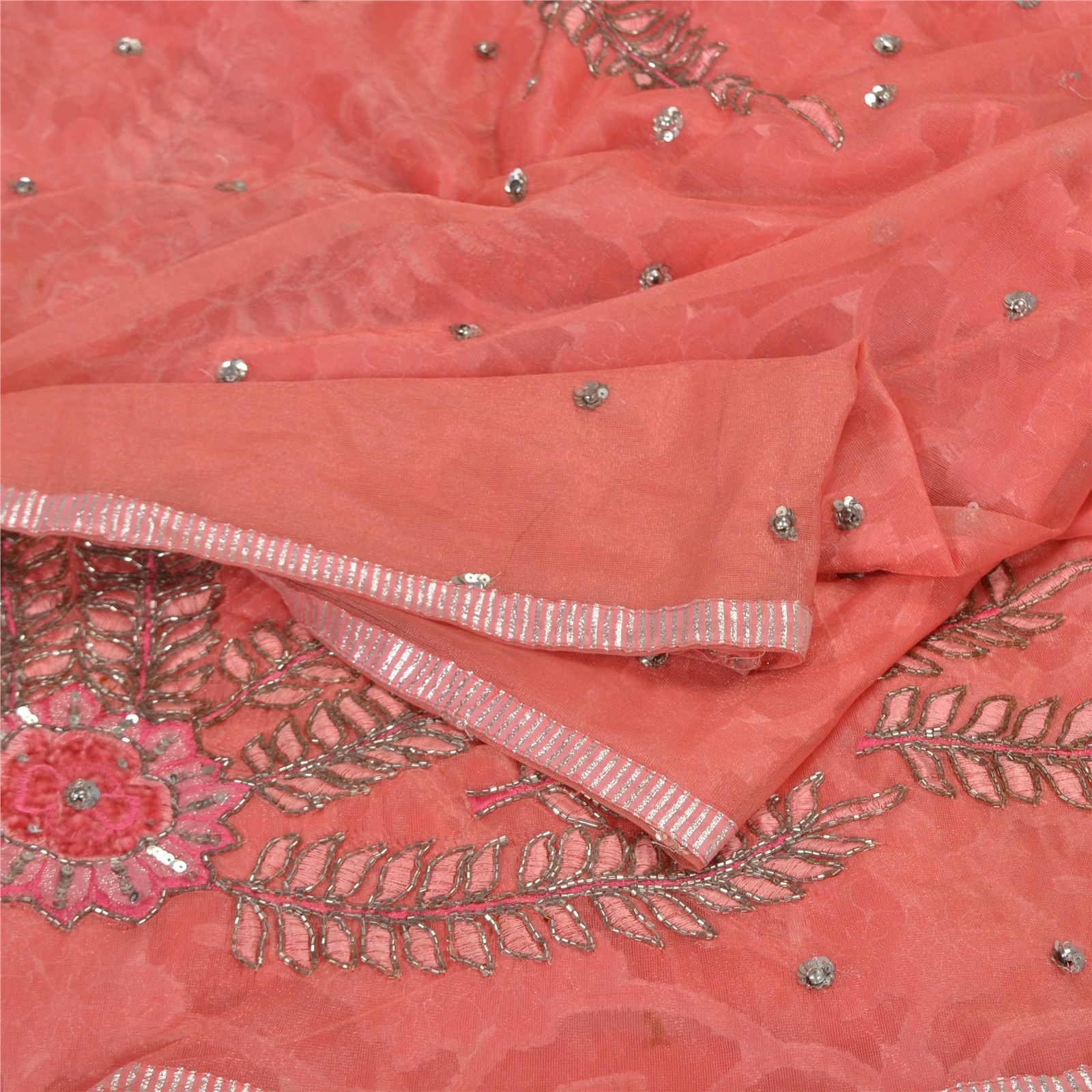 Sanskriti Vintage Pink Indian Sarees Net Mesh Hand Beaded Ethnic Sari Fabric
