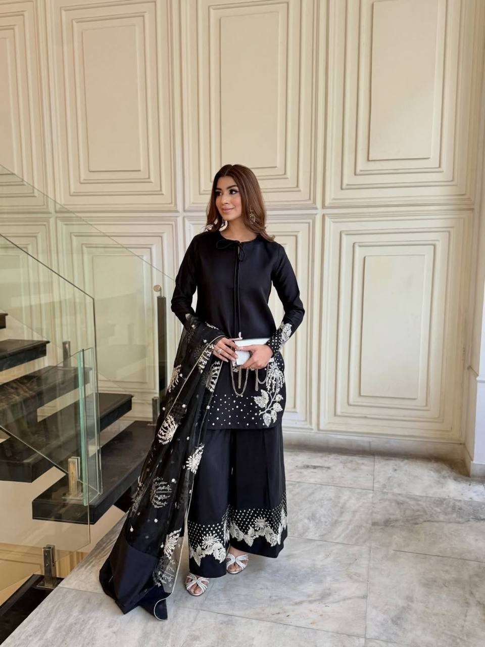 Collection Pur Natural Crepe ReadyMade Black Top Palazzo With Dupatta For Women