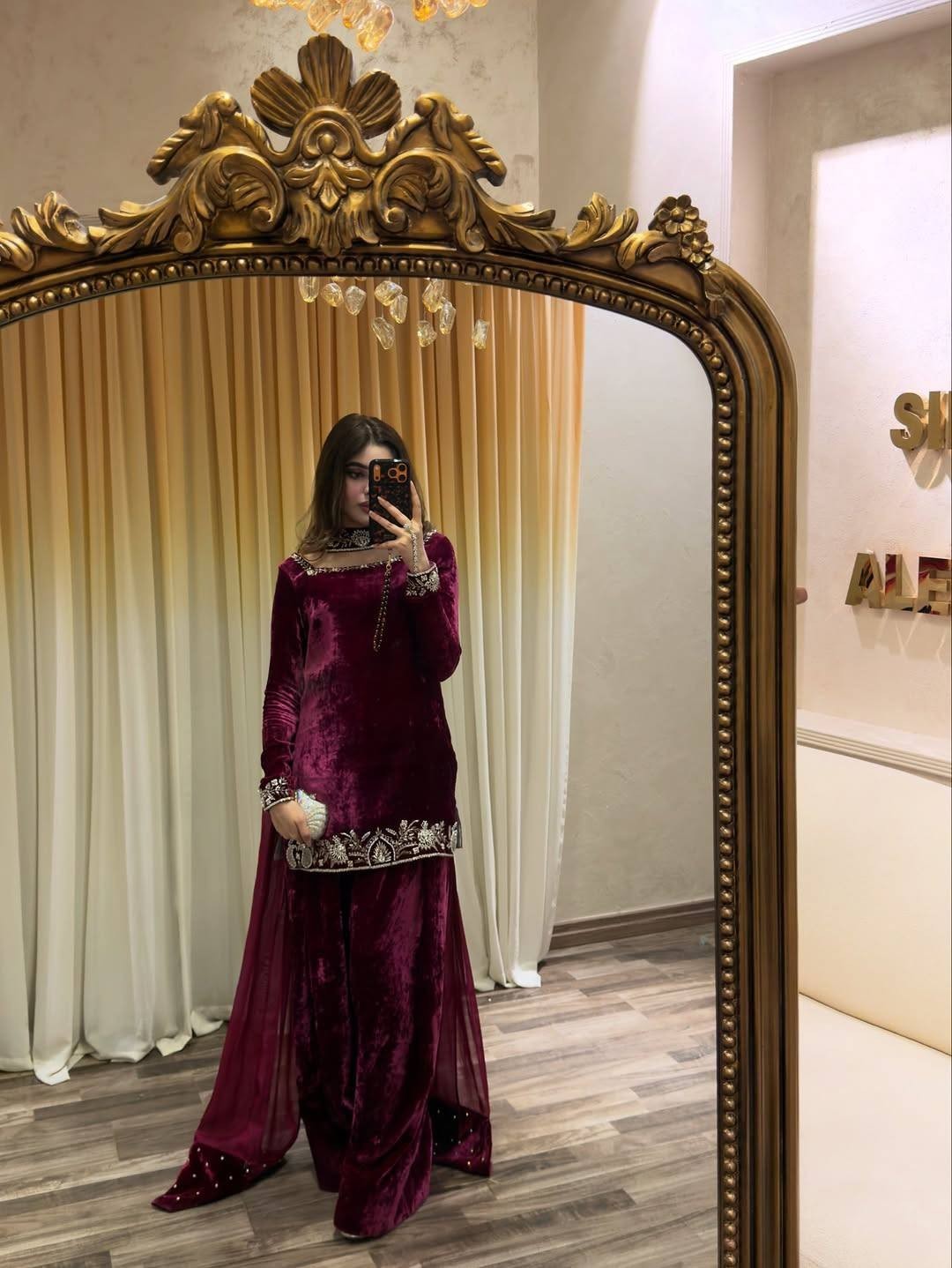 Women’s Velvet Embroidered Pakistani/Indian Party Suit | Maroon Sharara Set
