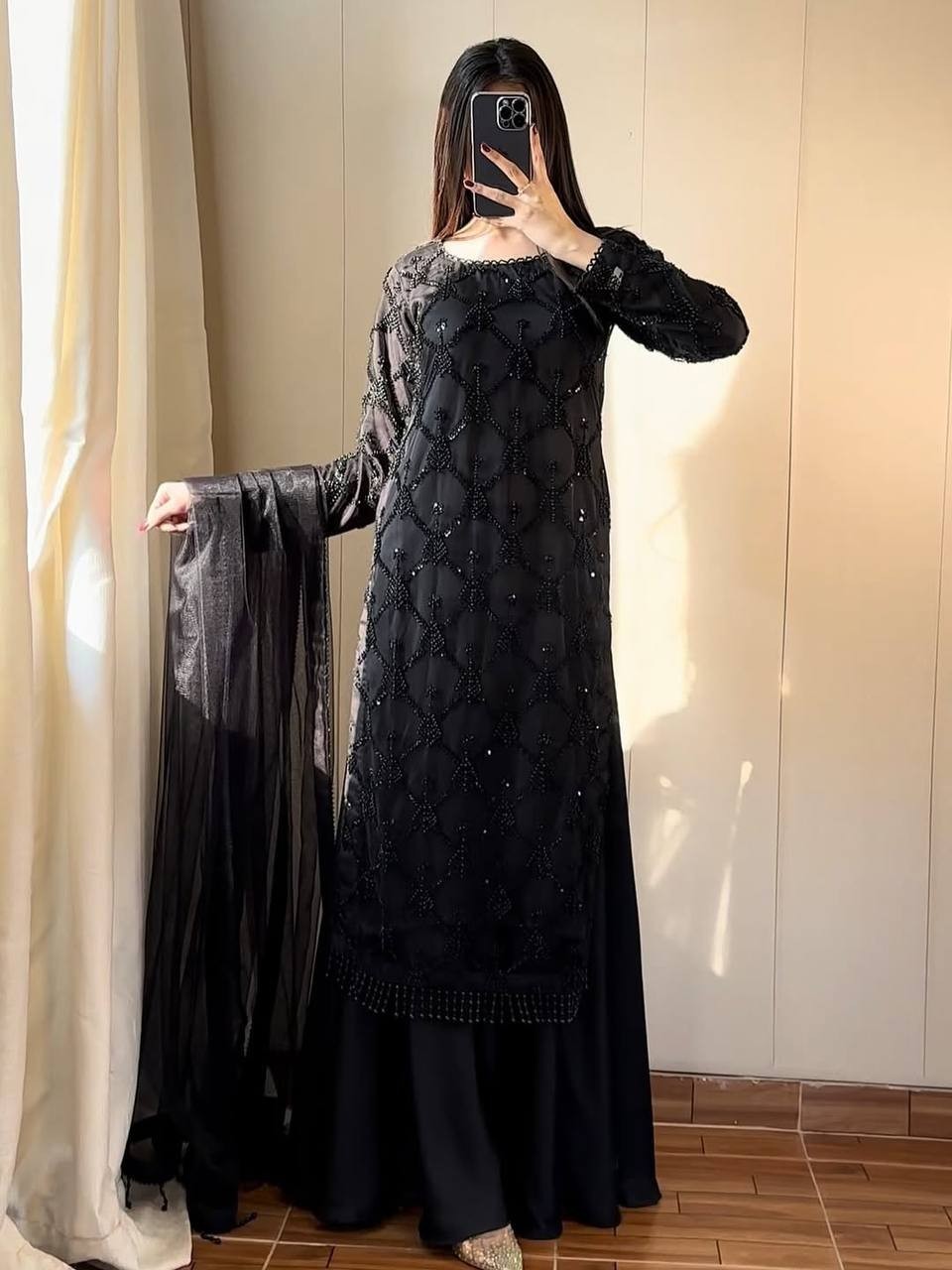 Heavy Soft Net Sky Black Palazzo Suit With Dupatta For Indian Party Wear