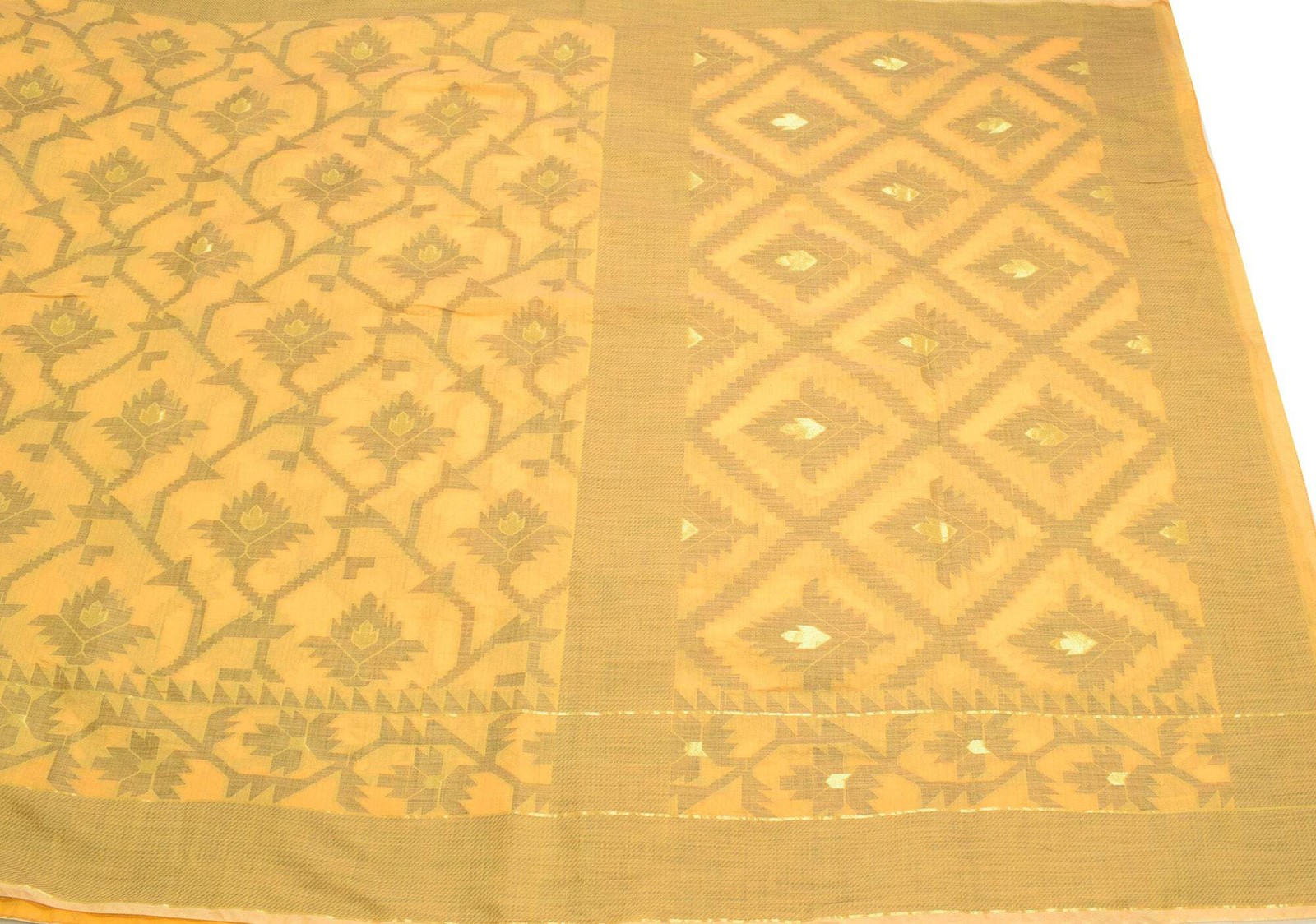 Sushila Vintage Dhakai Jamdani Saree Art Cotton Silk Yellow Woven Sari Fabric