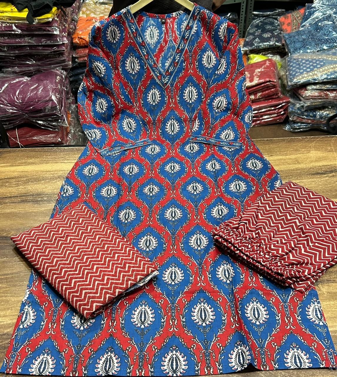 Hand Block Print cotton Kurta with Pant and Dupatta set, boho straight kurtis