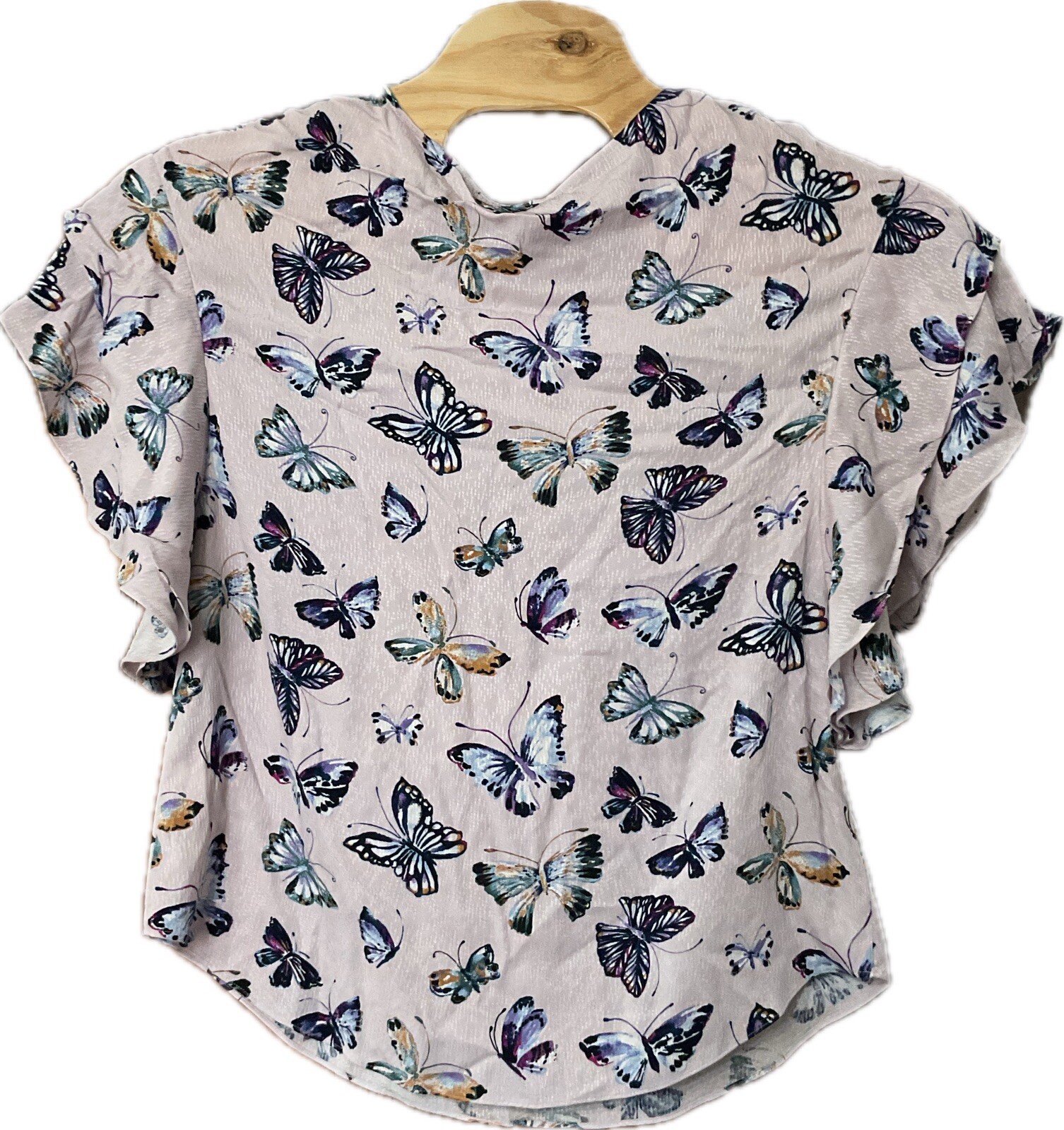 Chico’s Butterfly Rayon Blouse Flutter Sleeve Size M (Chico’s 1) Multicolored