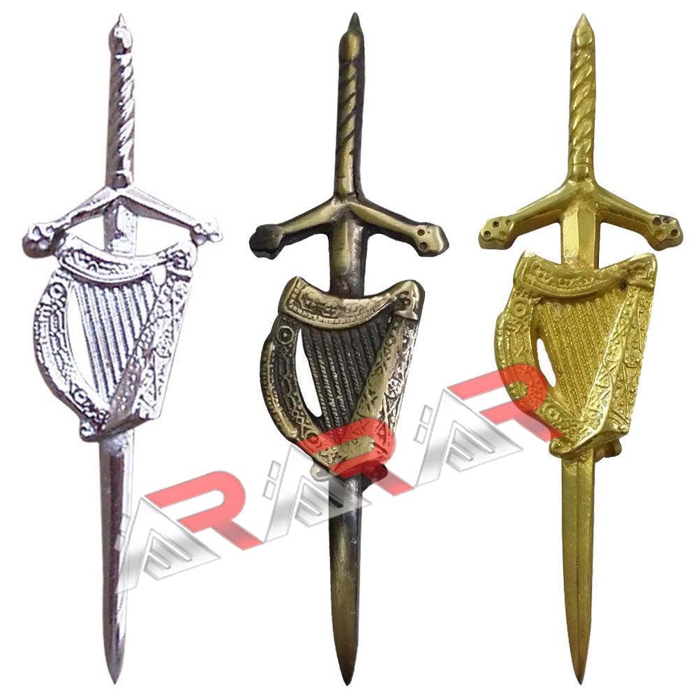 Irish Celtic Harp Sword kilt Pin 4″ Gold Antique Chrome Scottish
