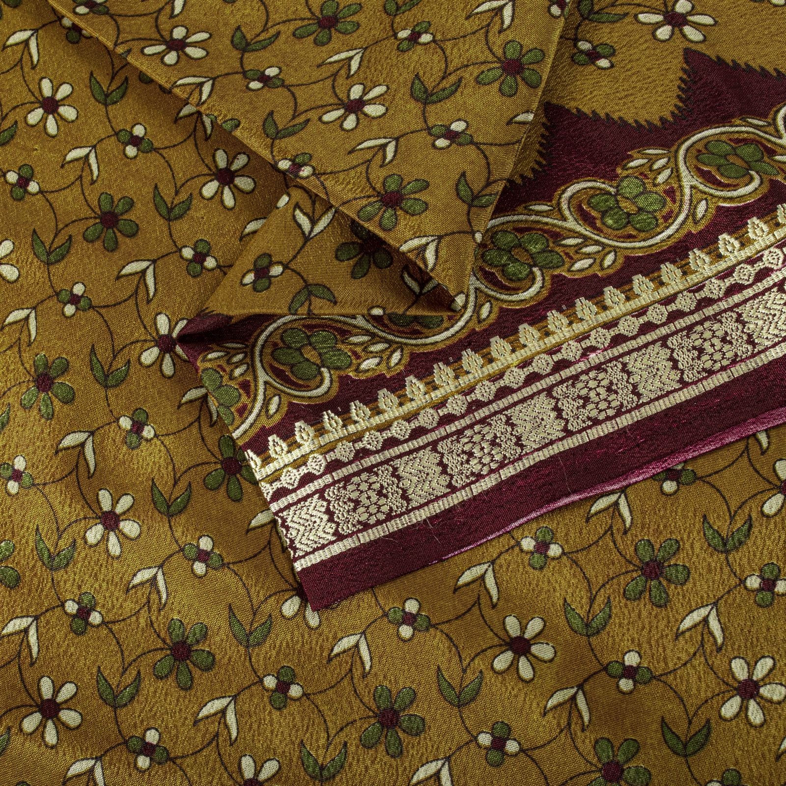 Sanskriti Vintage Yellow Moss Crepe Saree Floral Print Fabric 5+Yard Craft Sari
