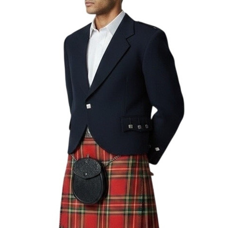 Vintage 70s Navy Wool Scottish Kilt Argyle Jacket Union Made Briar Button Medium
