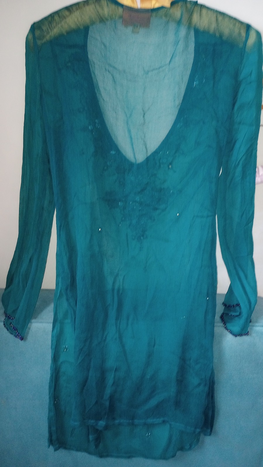 Tanjore NYC 100% Silk Teal Beaded Tunic Indian Blouse Cover Up Size 40 New ⛱️