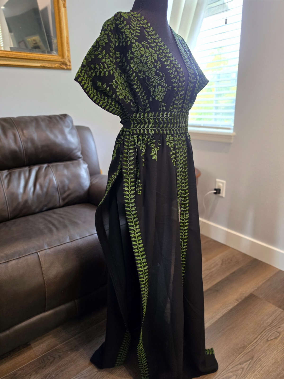 Black Palestinian Jordanian Abaya Thobe with Green tatreez Embroidery