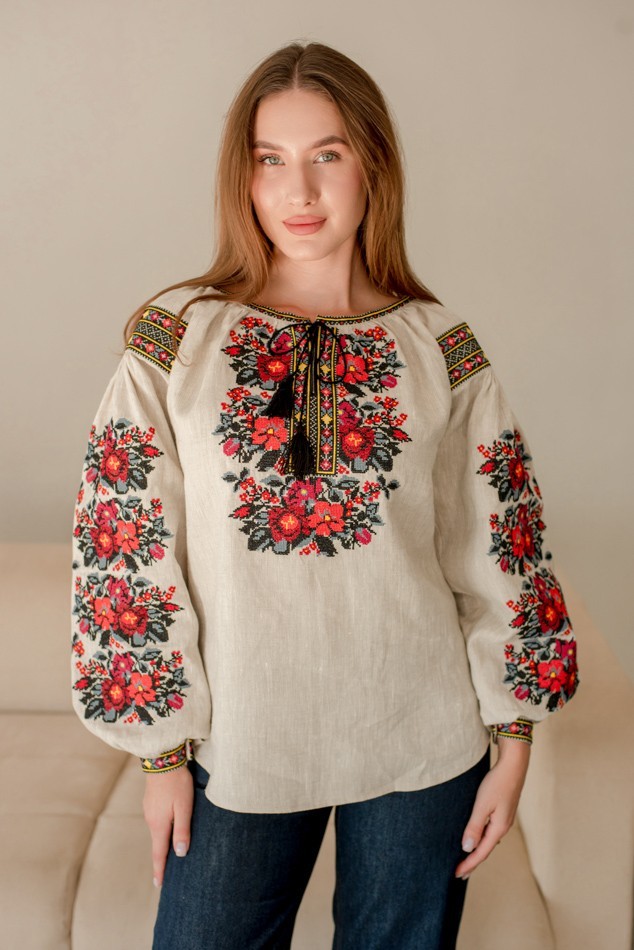 Ukrainian Embroidered Linen Blouse Red Black Floral Vyshyvanka Boho