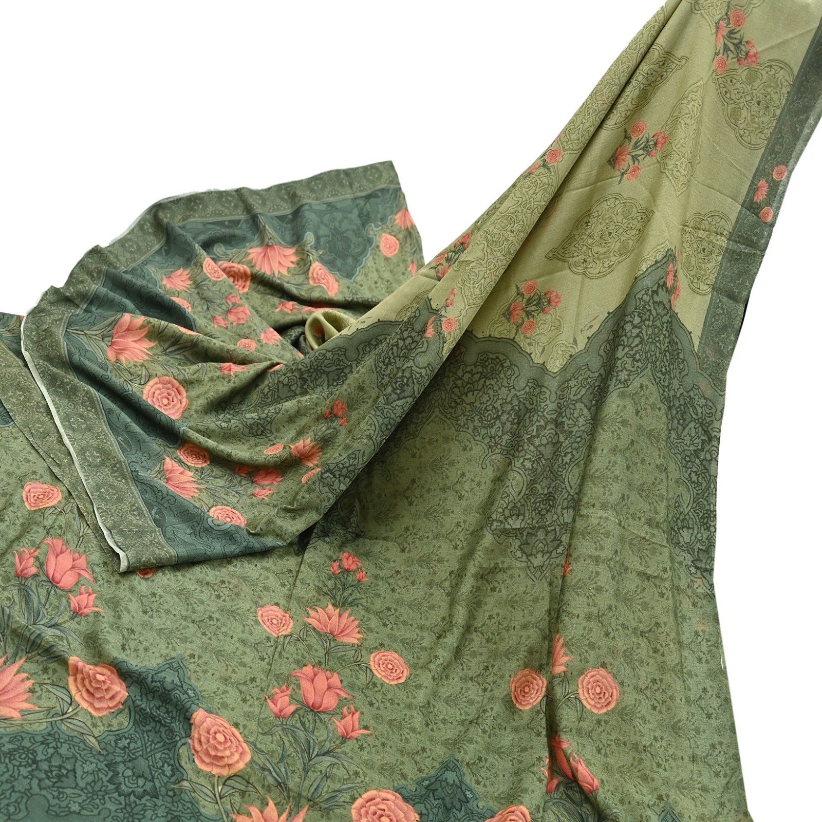 Indian Vintage Sari Green Blend Silk Woven Digital Printed Saree Craft Fabric 5y