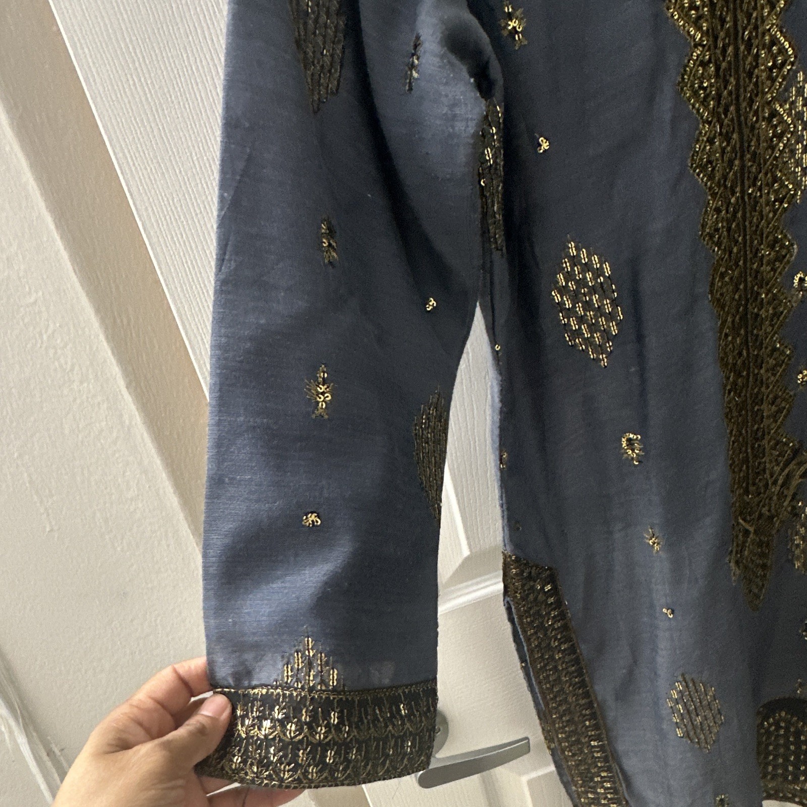 Handmade Blue Chiffon Salwar Kameez w/ Gold Embroidery & Dupatta, Custom