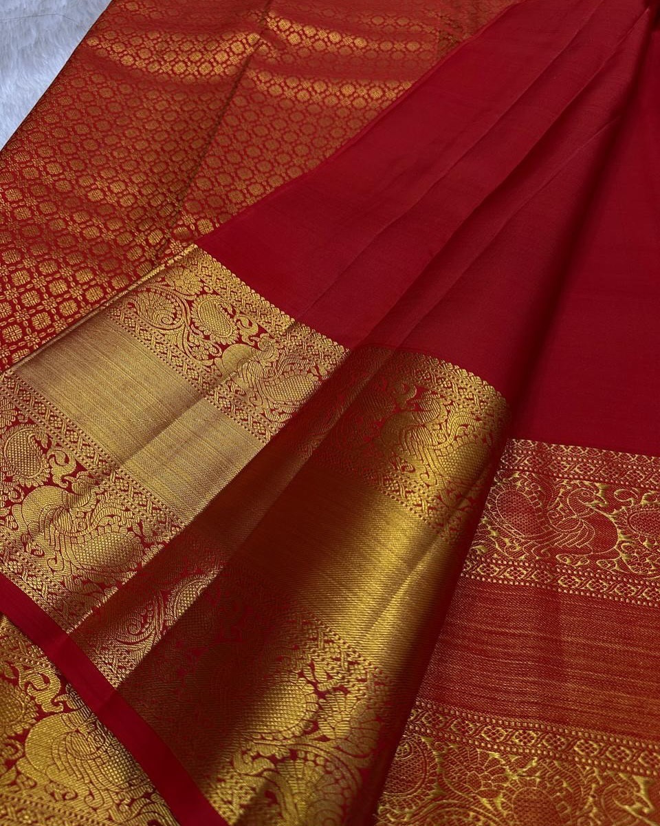 Majestic Red Soft Silk Saree with Royal Golden Zari Weave ✨