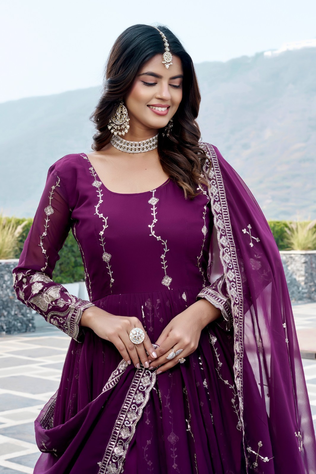 Fully Stitched Fox Georgette Gown Dupatta Heavy Sequins Festive Indian Dress 2pc