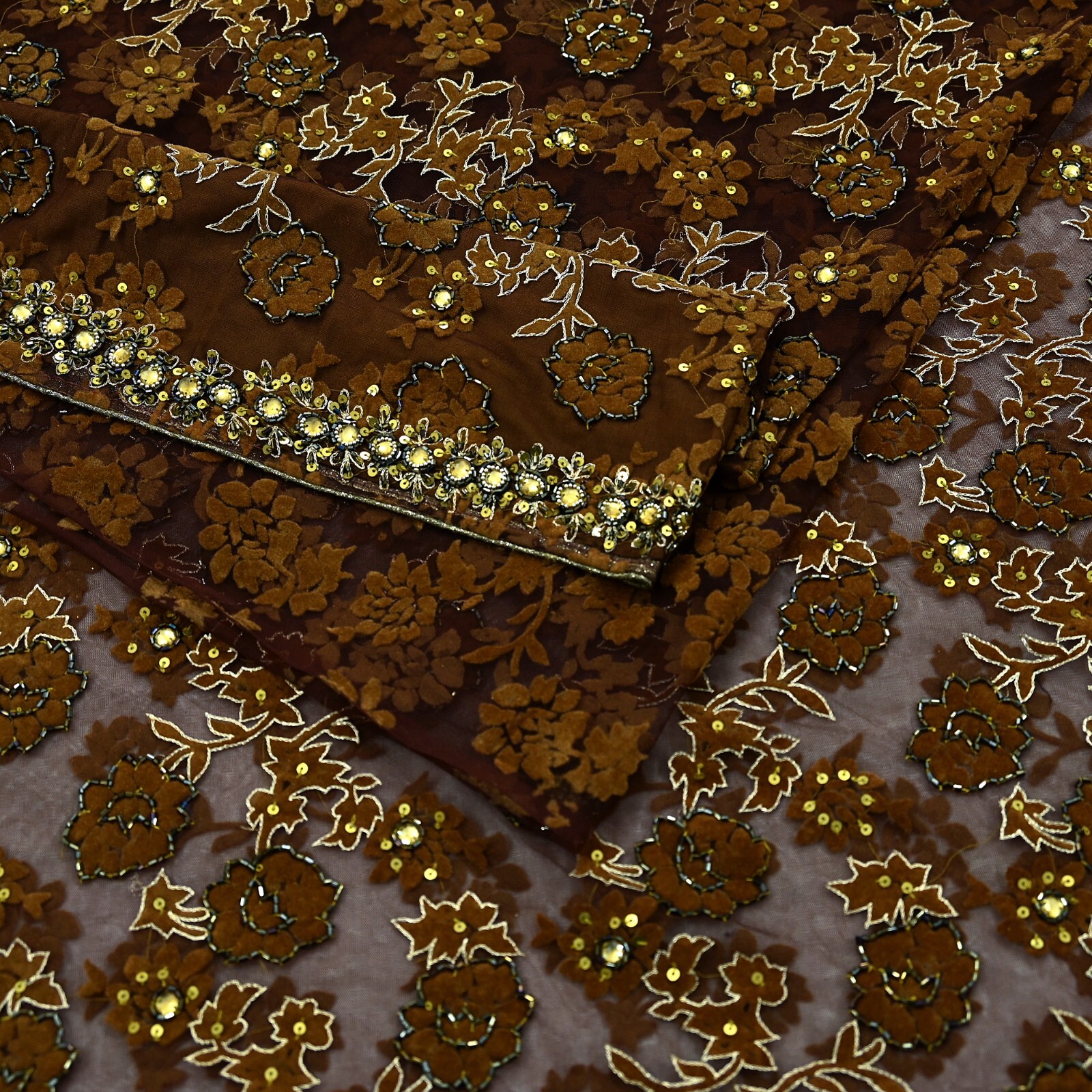 Vintage Heavy Coffee Brown Saree Net/Mesh Hand Beaded Sari Fabric 5Yd Sewing