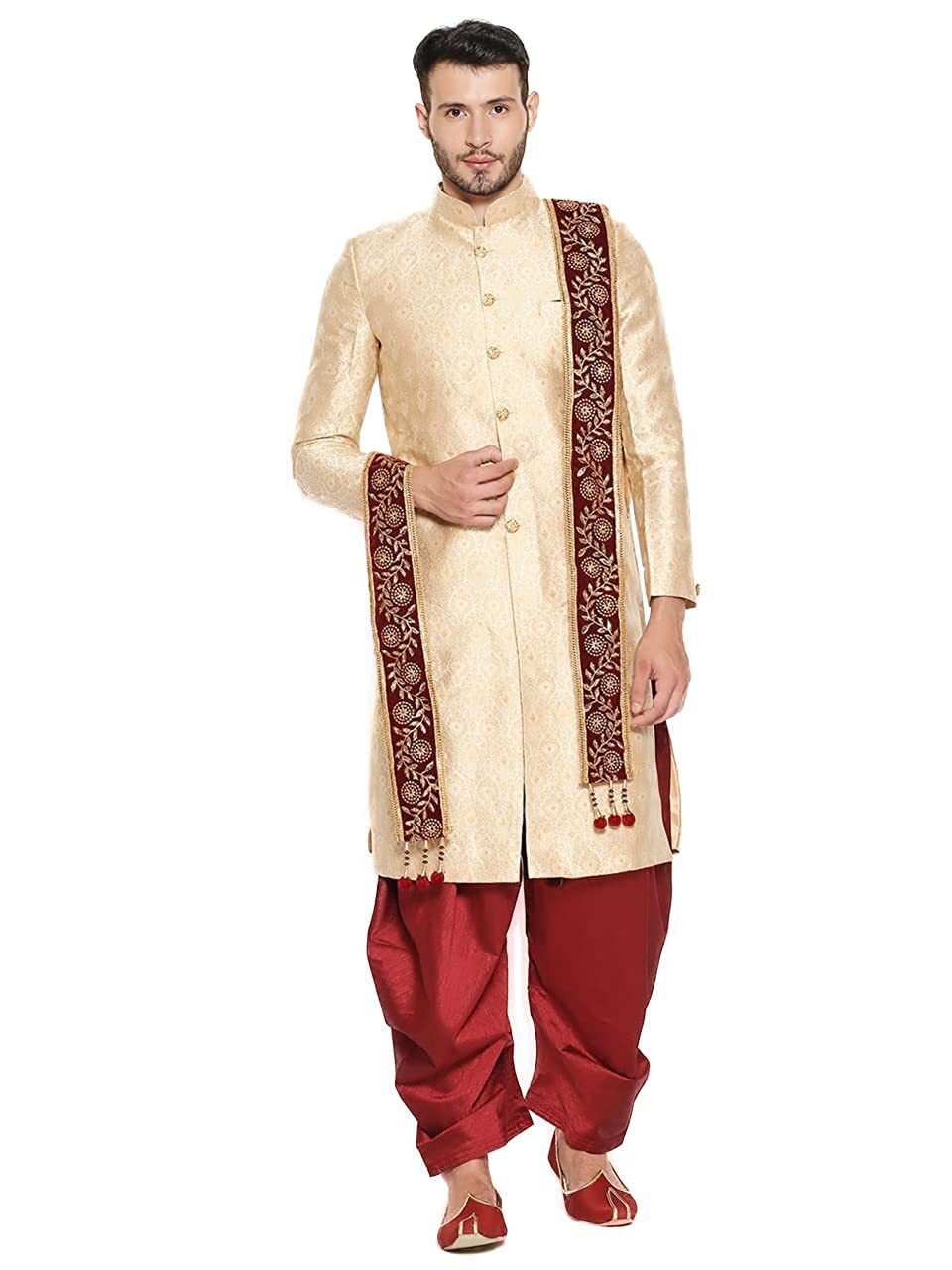 Men’s Maroon Embroidered Velvet Stole Dry Clean Only, Size:2.5 meters