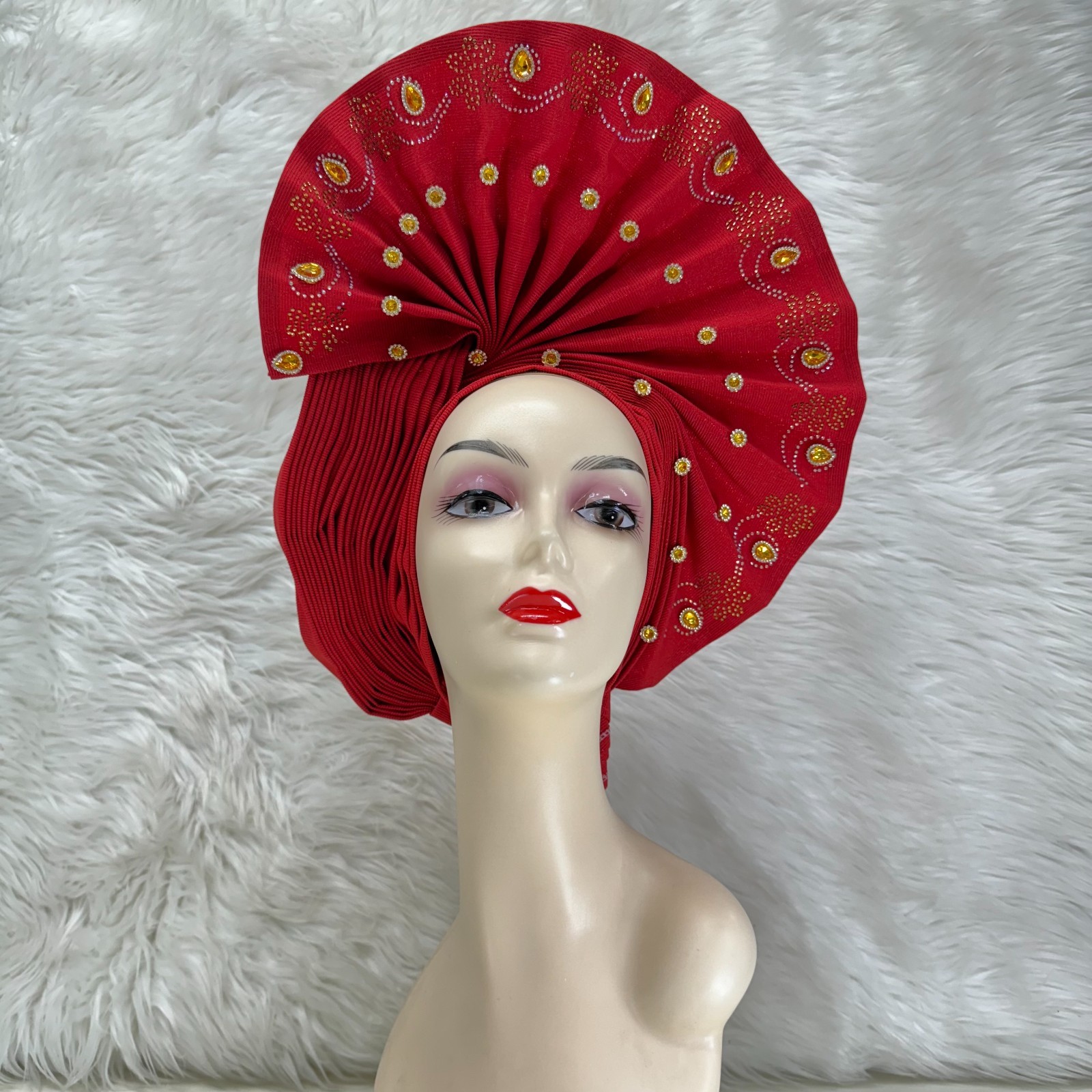 YQOINFKS African Fabrics Turban Headtie Made Aso-Oke Gele Beaded Head Wear Hat