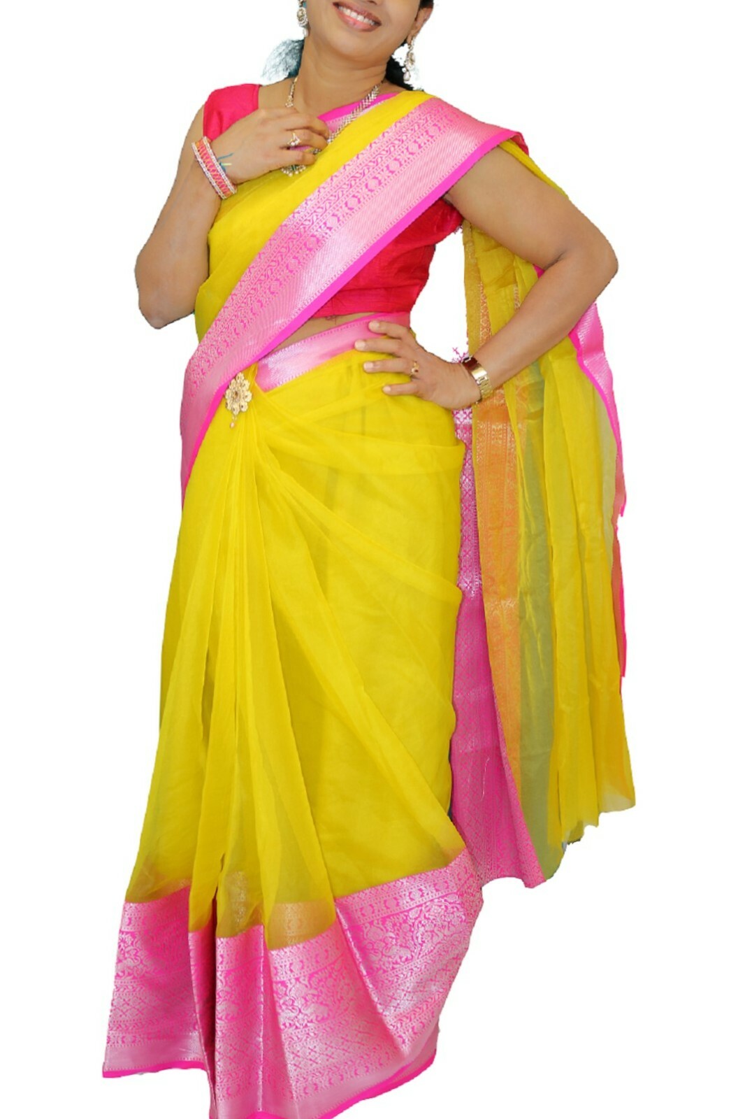 Soft light weight pure Organza jacquard saree with ready made blouse