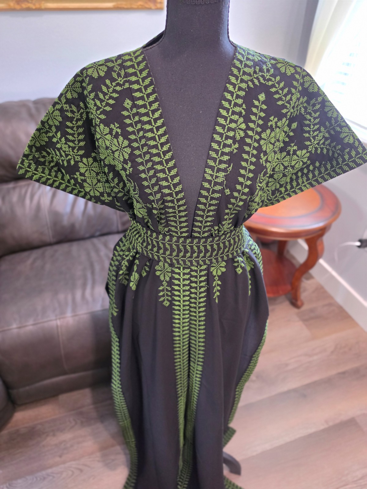 Black Palestinian Jordanian Abaya Thobe with Green tatreez Embroidery