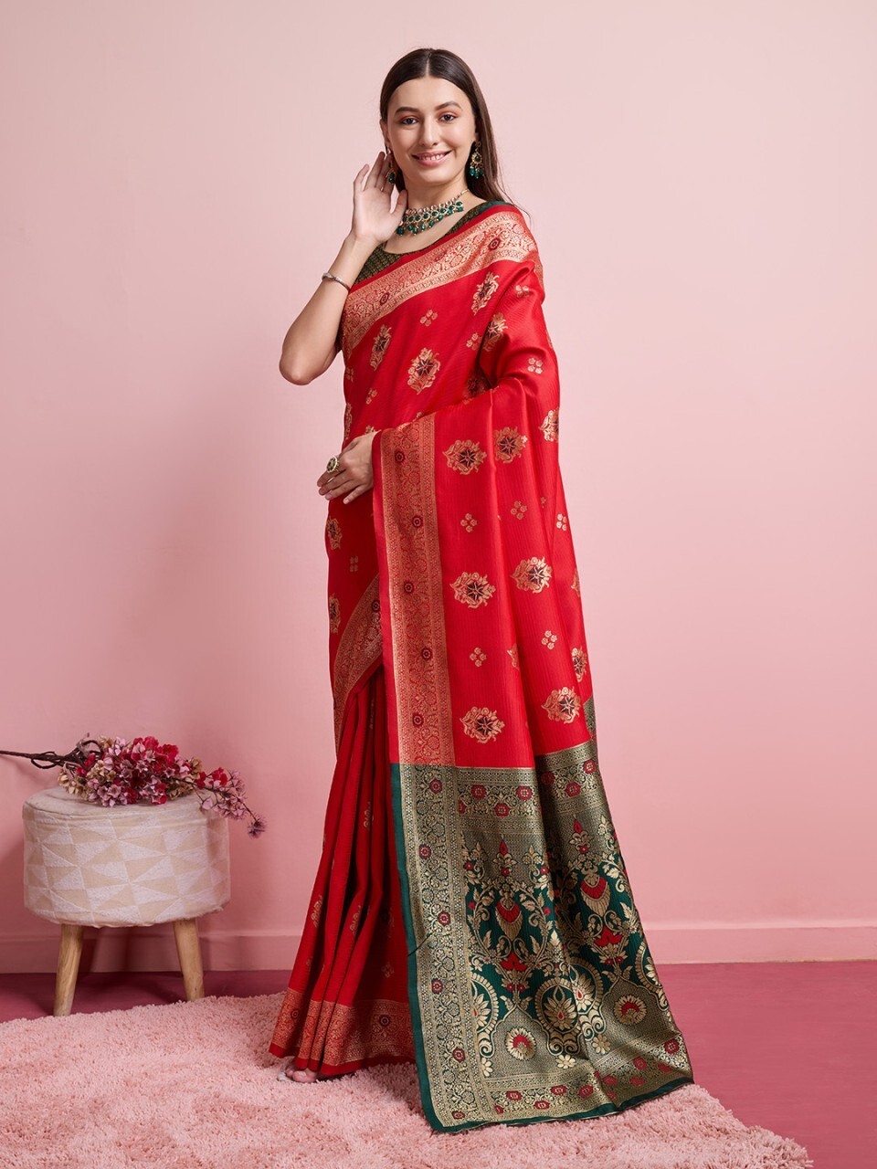 Digital Print Banarasi Silk Blend Saree (Red)