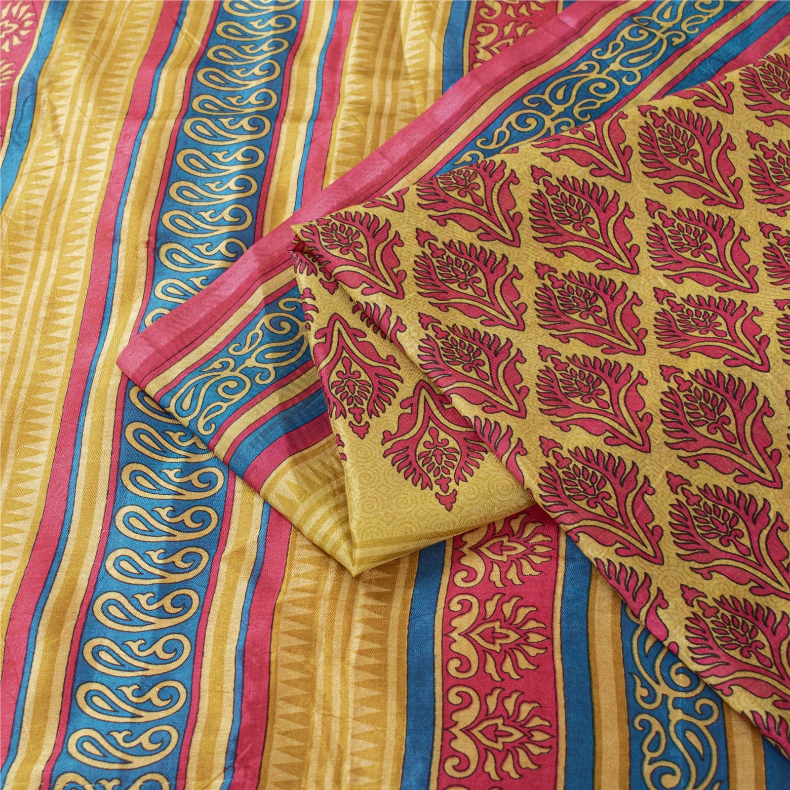Sanskriti Vintage Sarees Pink & Cream Pure Silk Printed Sari 6+Yd Craft Fabric