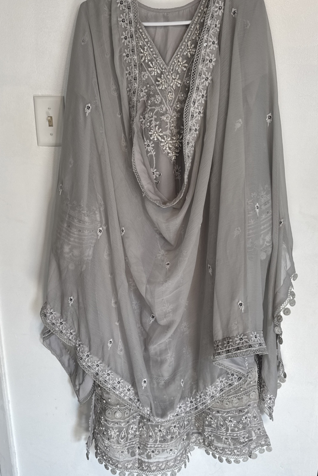 Pakistani Gray Embroidered Pearl Shalwar Kameez Suit Wedding Eid Ethnic Ramzan