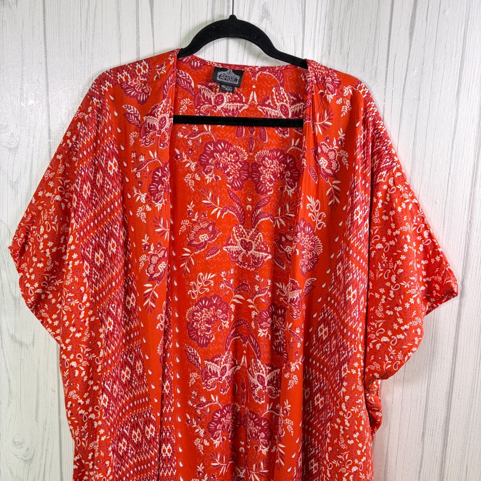 ANGIE Red & White Bandana Print Lightweight Kimono, Large