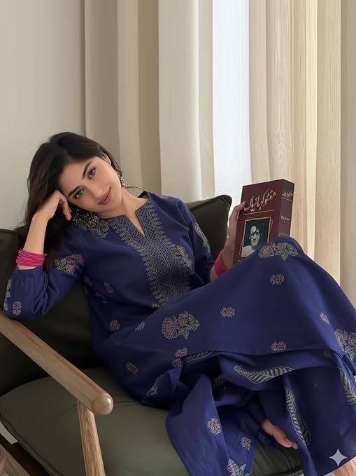 Women Plus Size Blue Rayon Kurta & Palazzo, Printed Office Wear Ladies New Dress