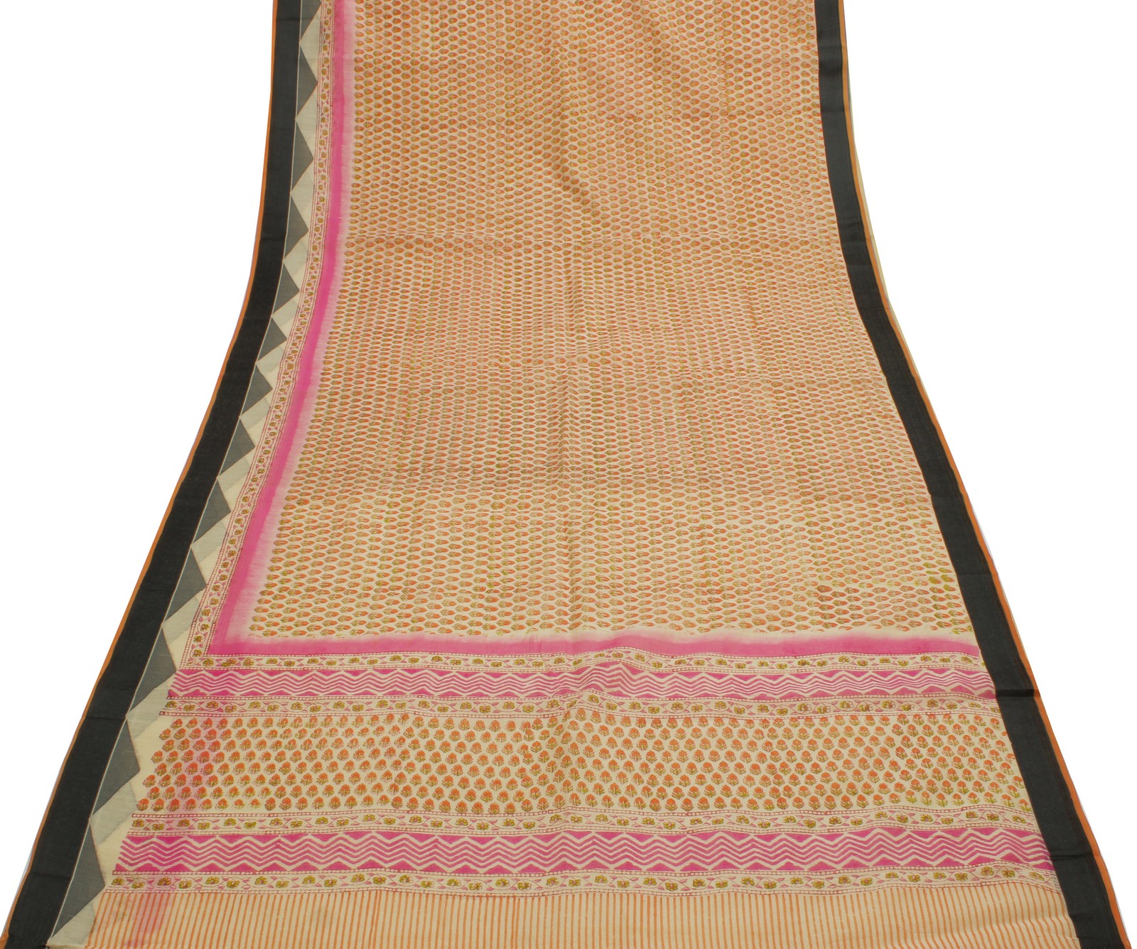 Sushila Vintage Cream Saree Blend Cotton Hand Block Printed Floral Sari Fabric