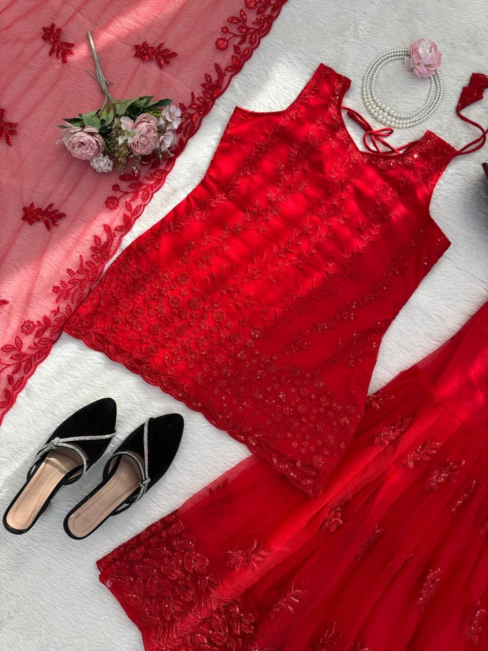 Fashionable Heavy Soft Net Red Top Palazzo With Dupatta For Festival Wear