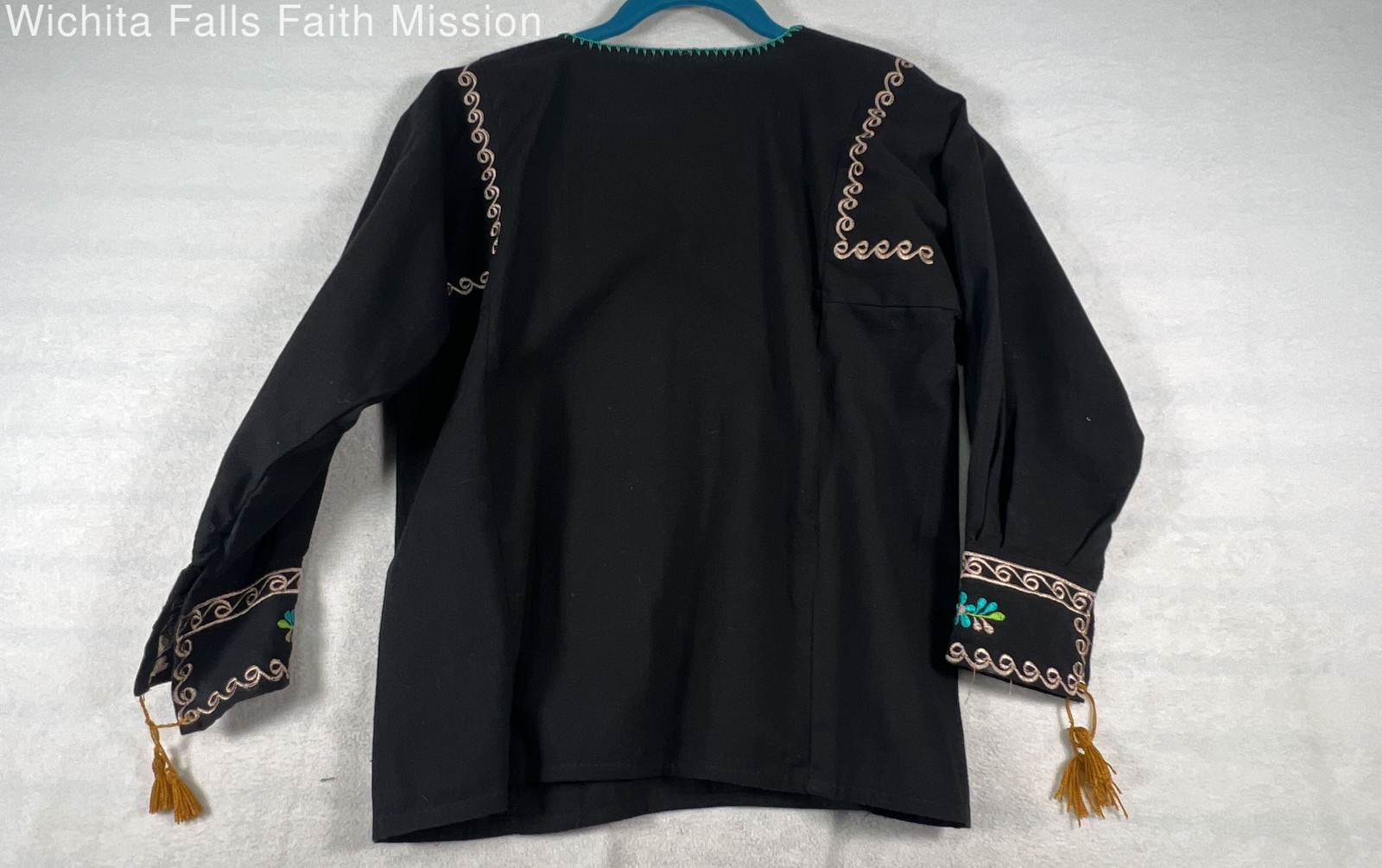 Chiapas Women’s Black Peacock Embroidered Blouse Tassel Artisan Boho Sz S