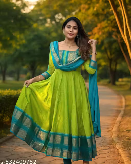 Women Parrot Green Anarkali Gown with Teal Blue Dupatta Set For Onam