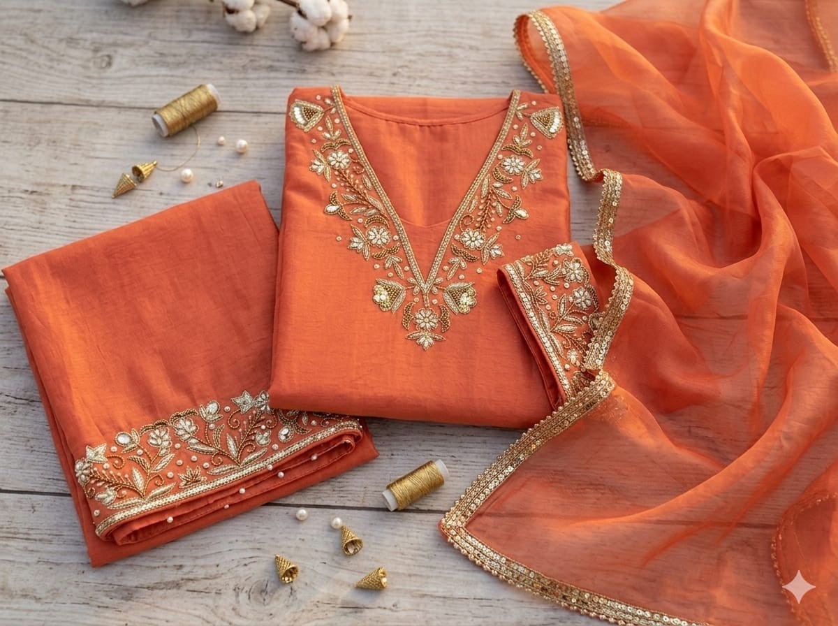 Custom Handmade Orange Organza Suit | Hand Embroidered Salwar Kameez Set | Lace