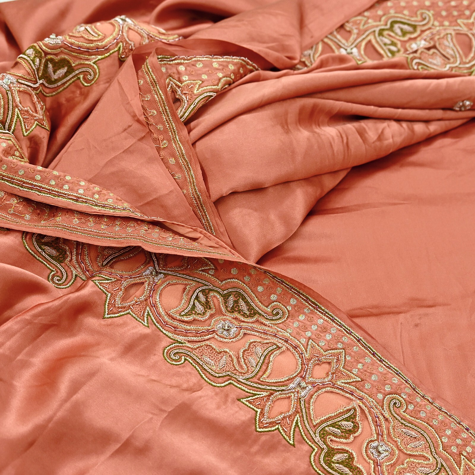 Vintage Heavy Peach Sari Hand Embroidered Saree Pure Satin Silk 5yd Ethnic Dabka
