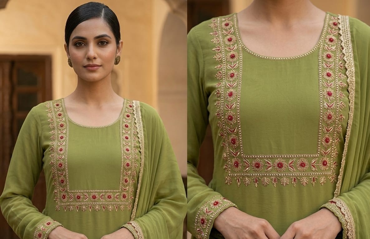 Custom Green Organza Salwar Kameez Suit | Handmade Floral Embroidery | Plain…