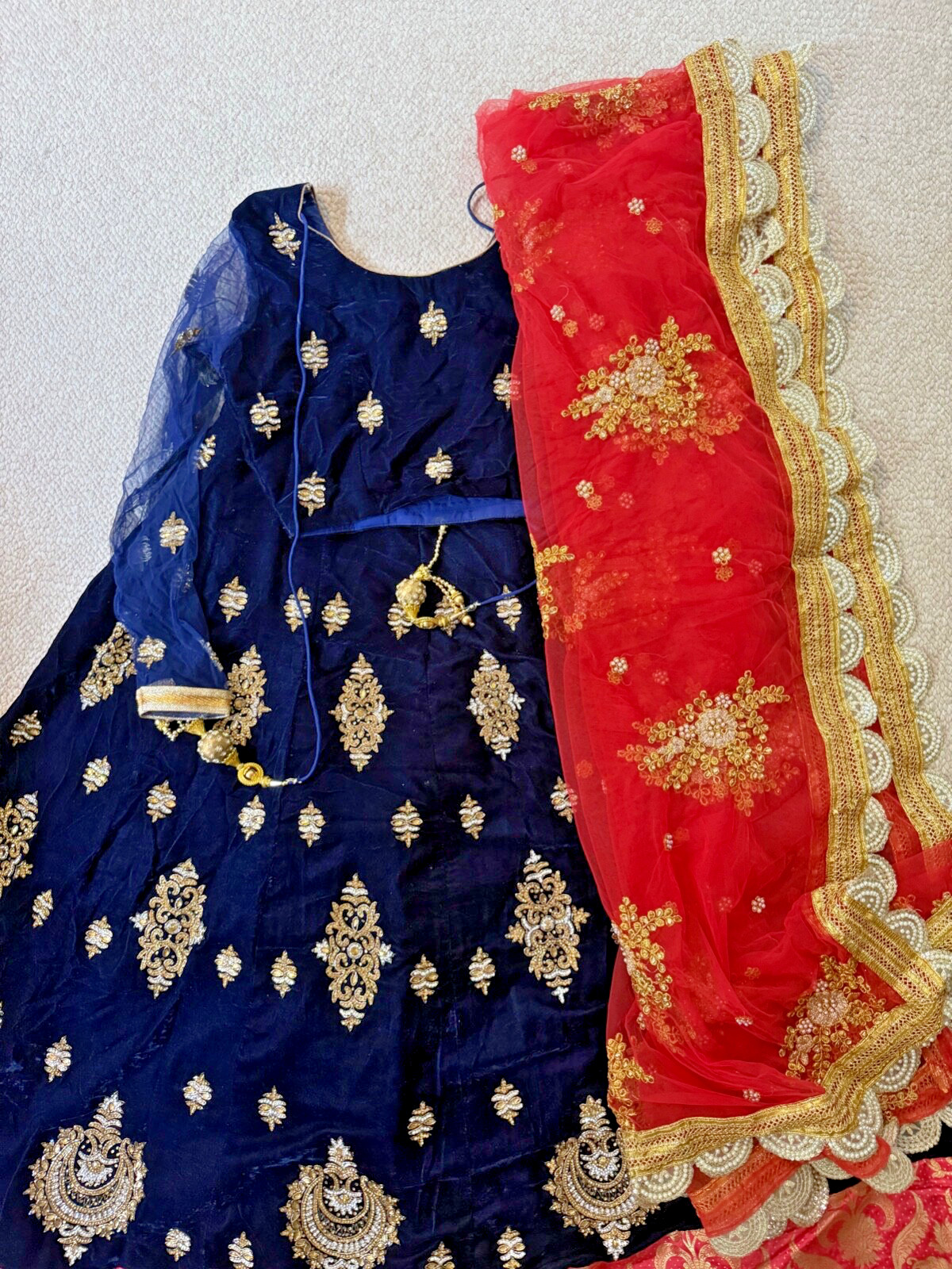Navy Blue Velvet Indian Lengha with Coral Dupatta, 3 Piece Set. Size 38
