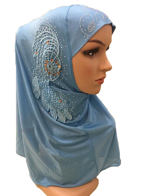 One Piece Muslim Women Hijab Flower Islam Hot Drilling Scarf Al Amira Headscarf