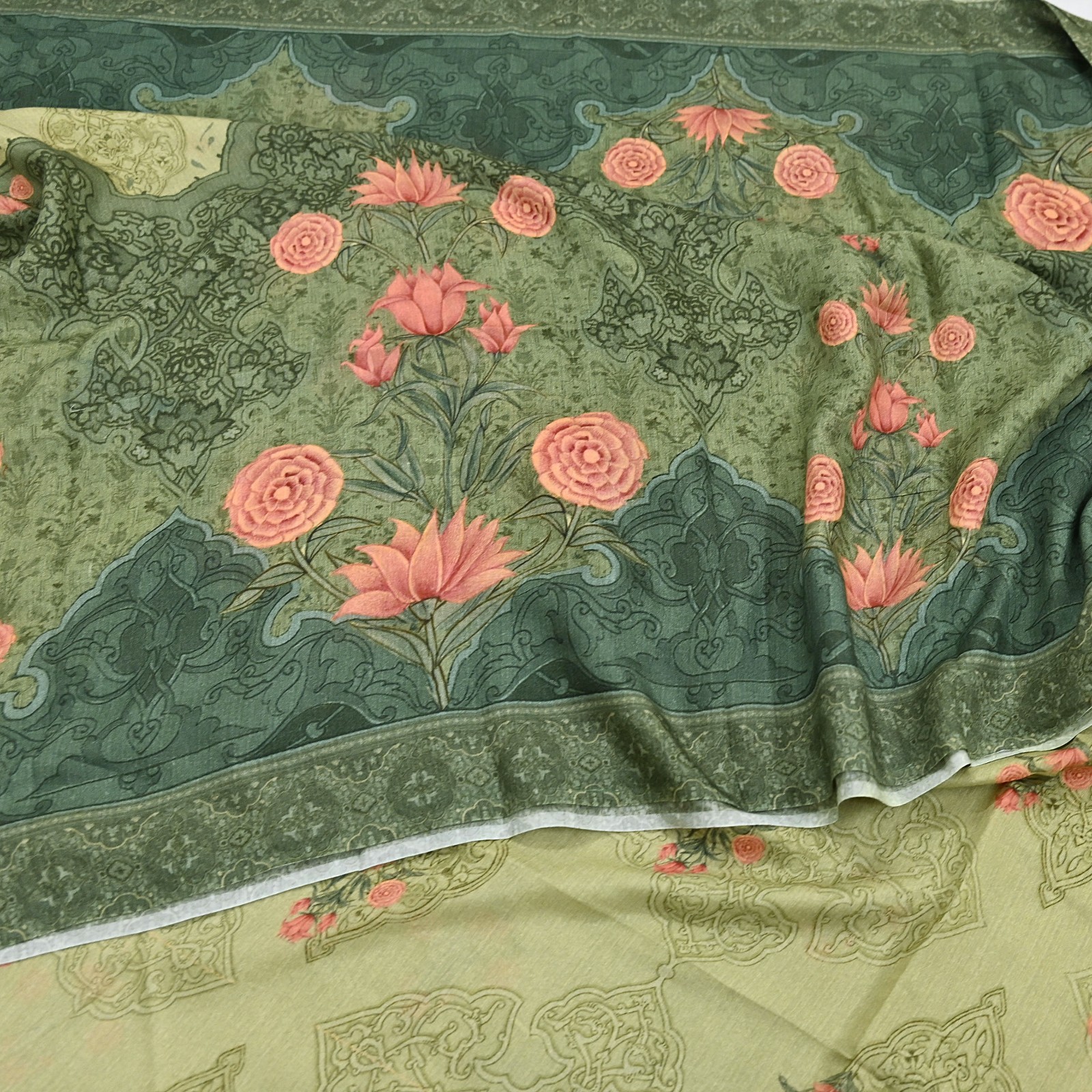 Indian Vintage Sari Green Blend Silk Woven Digital Printed Saree Craft Fabric 5y