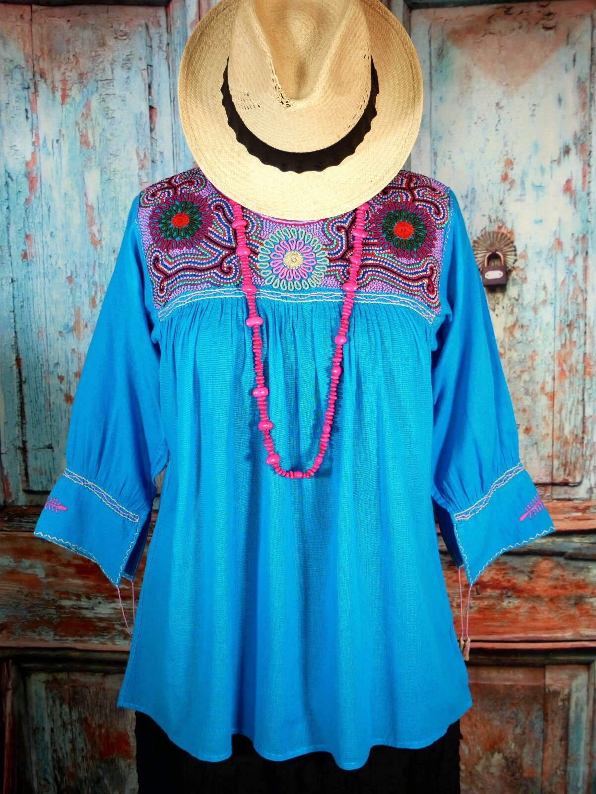 Lg Peasant Blouse Hand Embroidered Turquoise Cotton Mayan Chiapas Mexico Hippie
