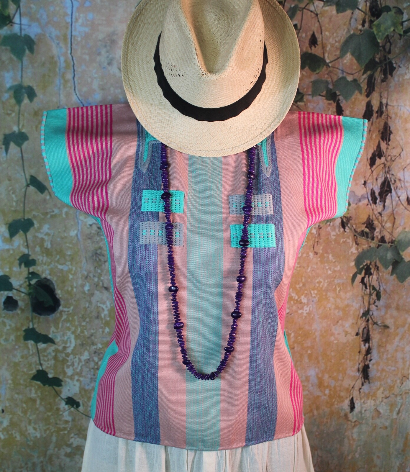 Huipil Top Stripes Handwoven Backstrap Loom Oxchuc Mayan Chiapas Mexico Fiesta
