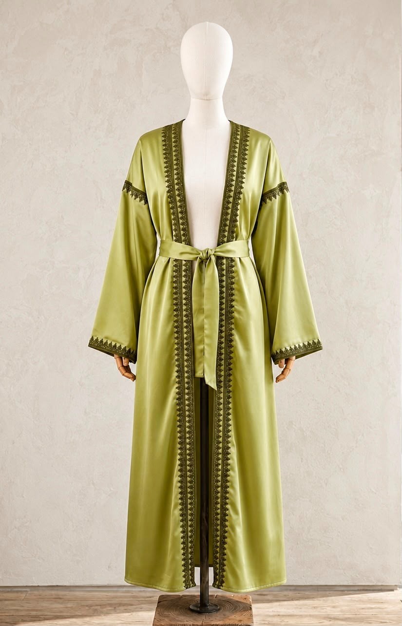 Women’s Ramadan Jalabiya Olive Embroidered Kaftan Abaya XL-2XL Belt